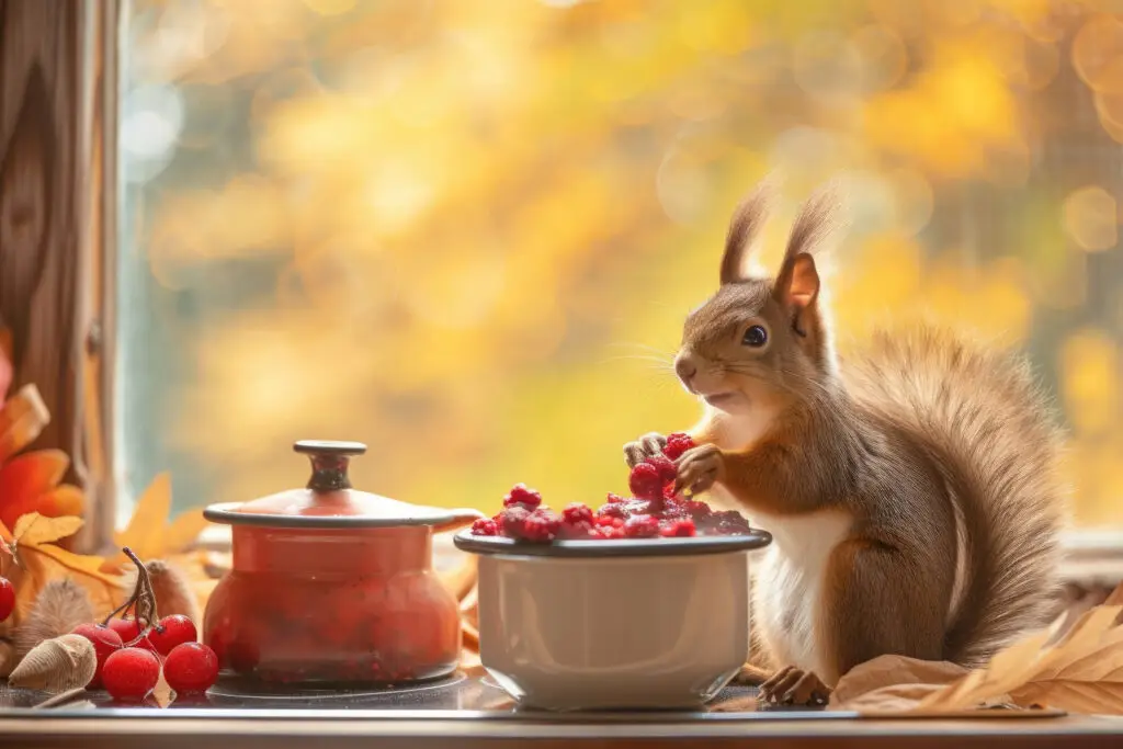 cheerful squirrel in autumn, joyfully prepares homemade berry jam