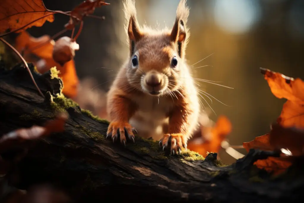 Squirrel looking over log on a fall day